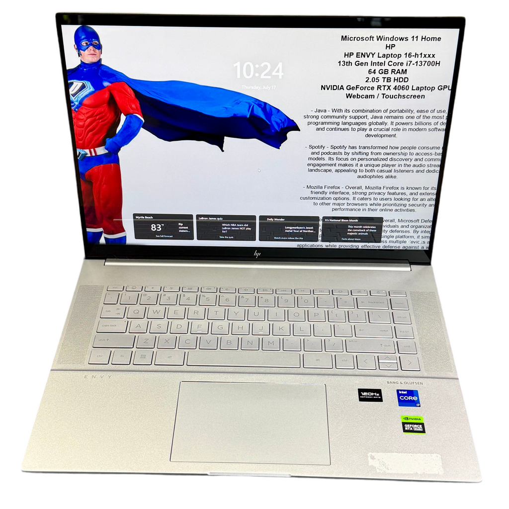 HP Envy 16" Touchscreen Gaming Laptop Computer (H1053DX) Laptop displaying a superhero on the screen with a white background