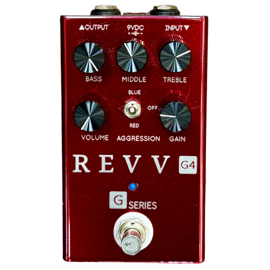 REVV Amplification G Series G4 Distortion Guitar Effects Pedal Red guitar effects pedal with control knobs and 'REVV' branding on a white background