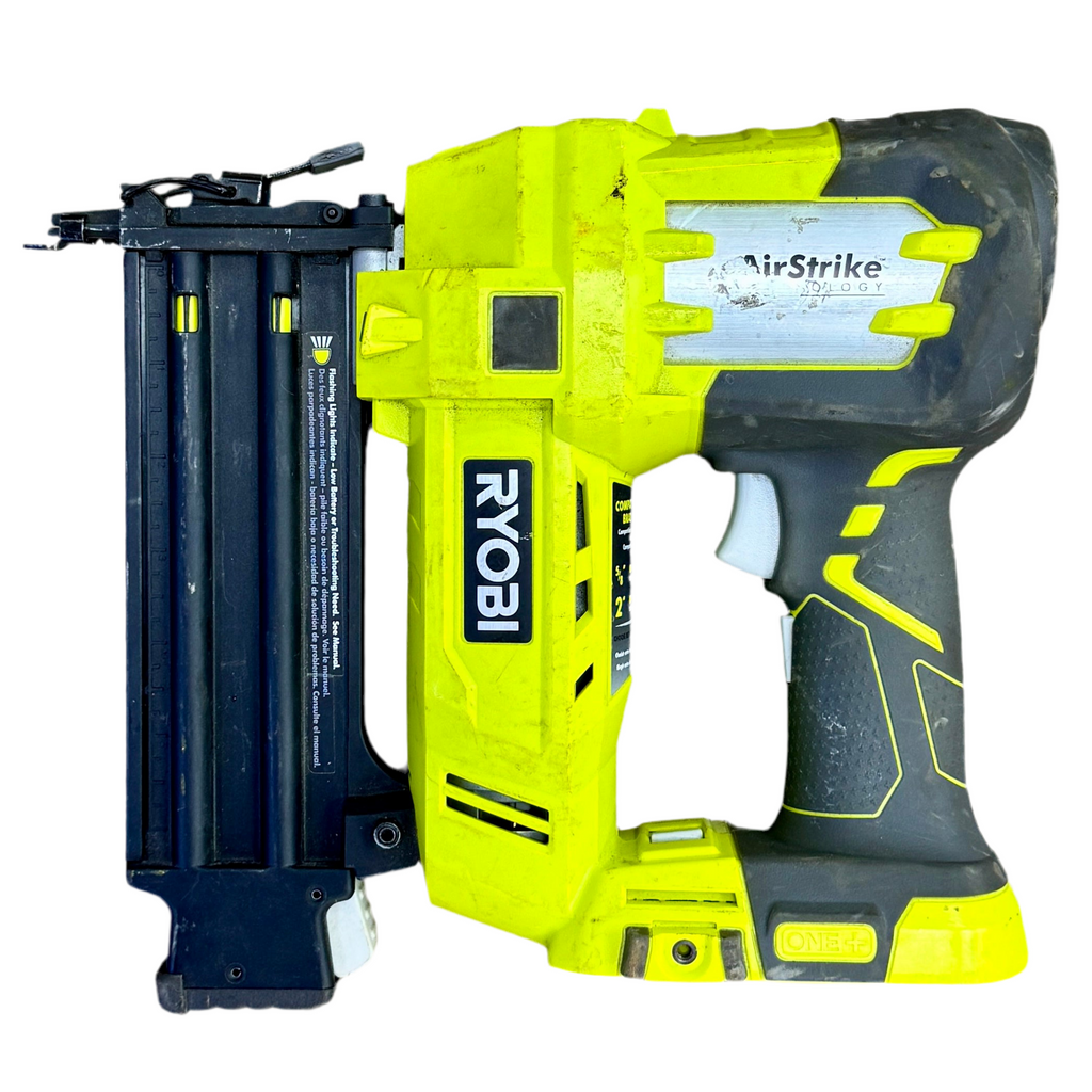 RYOBI ONE+ AirStrike 18V 18-Gauge 2" Cordless Brad Nailer w/ Battery (P320VN) Ryobi nail gun with accessories on a white background