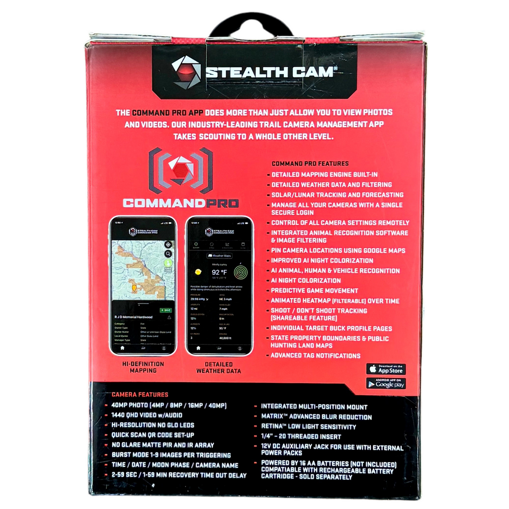 Stealth Cam DECEPTOR MAX 40 MP No Glo Cellular Trail Camera Stealth Cam Command Pro packaging with features listed on a red background