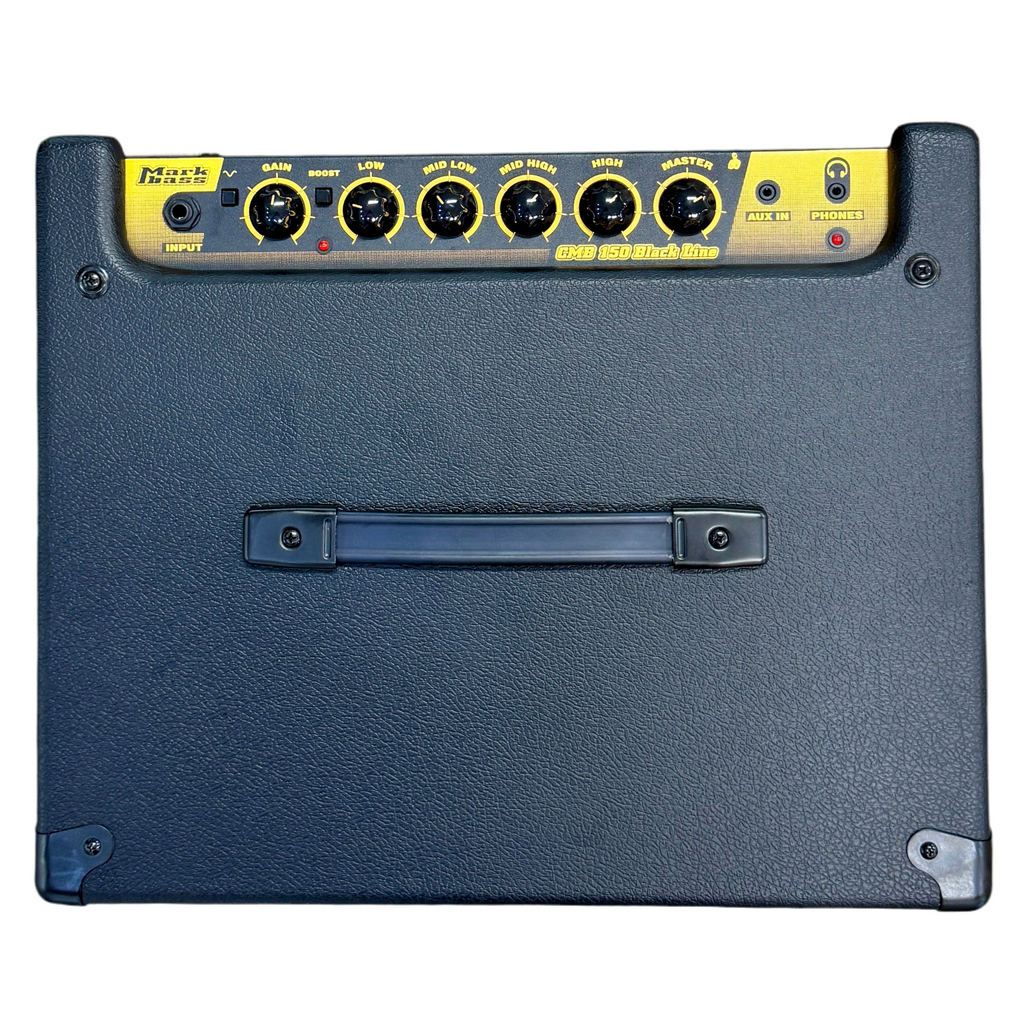 Markbass CMB 150 Black Line Bass Guitar Combo Amplifier (CMB 121 Black Line) Back view of a guitar amplifier with control panel and handle on a white background