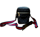 Black patterned crossbody bag with a red and blue strap on a white background