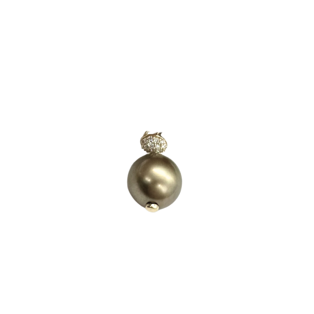 Gold earring with a large pearl-like bead on a white background