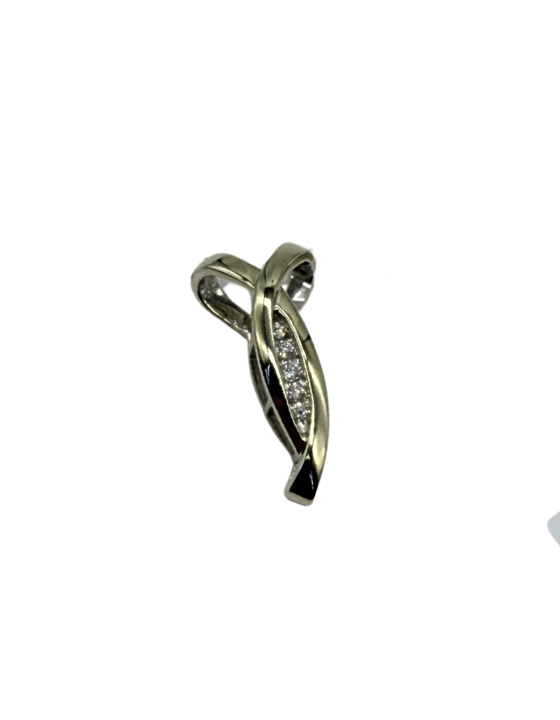 Silver pendant with diamond accents on a white background