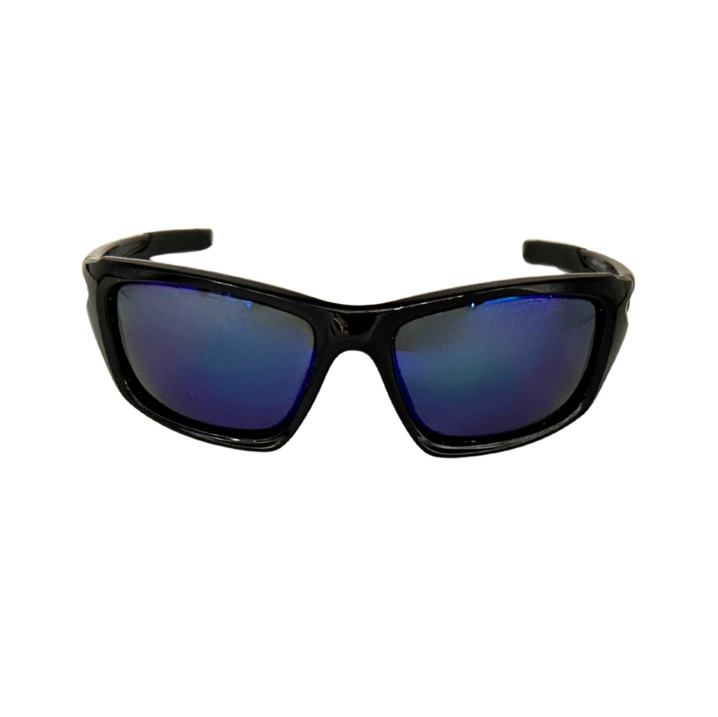 Black sunglasses with blue-tinted lenses on a white background