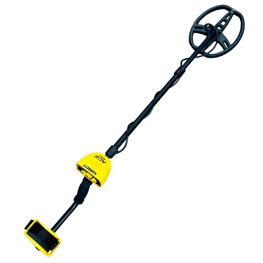 Garrett ACE 400 Metal Detector w/ Headphones Metal detector with yellow receiver on a wooden floor