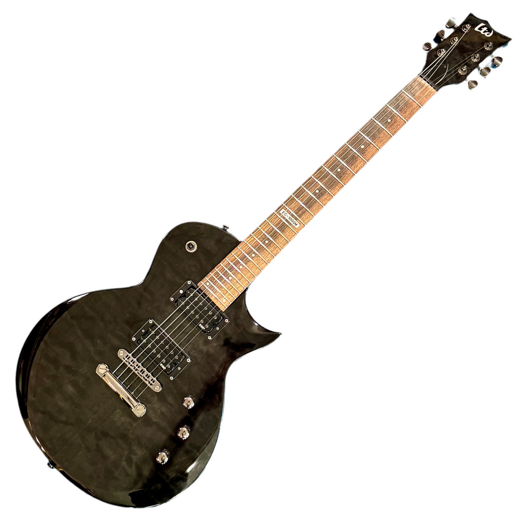 ESP LTD EC-100QM Electric Guitar Black electric guitar with a quilted finish on a white background