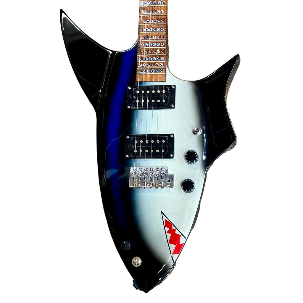 Glen Burton USA Shark Shape Electric Guitar Glossy electric guitar with a black and blue gradient on a white background