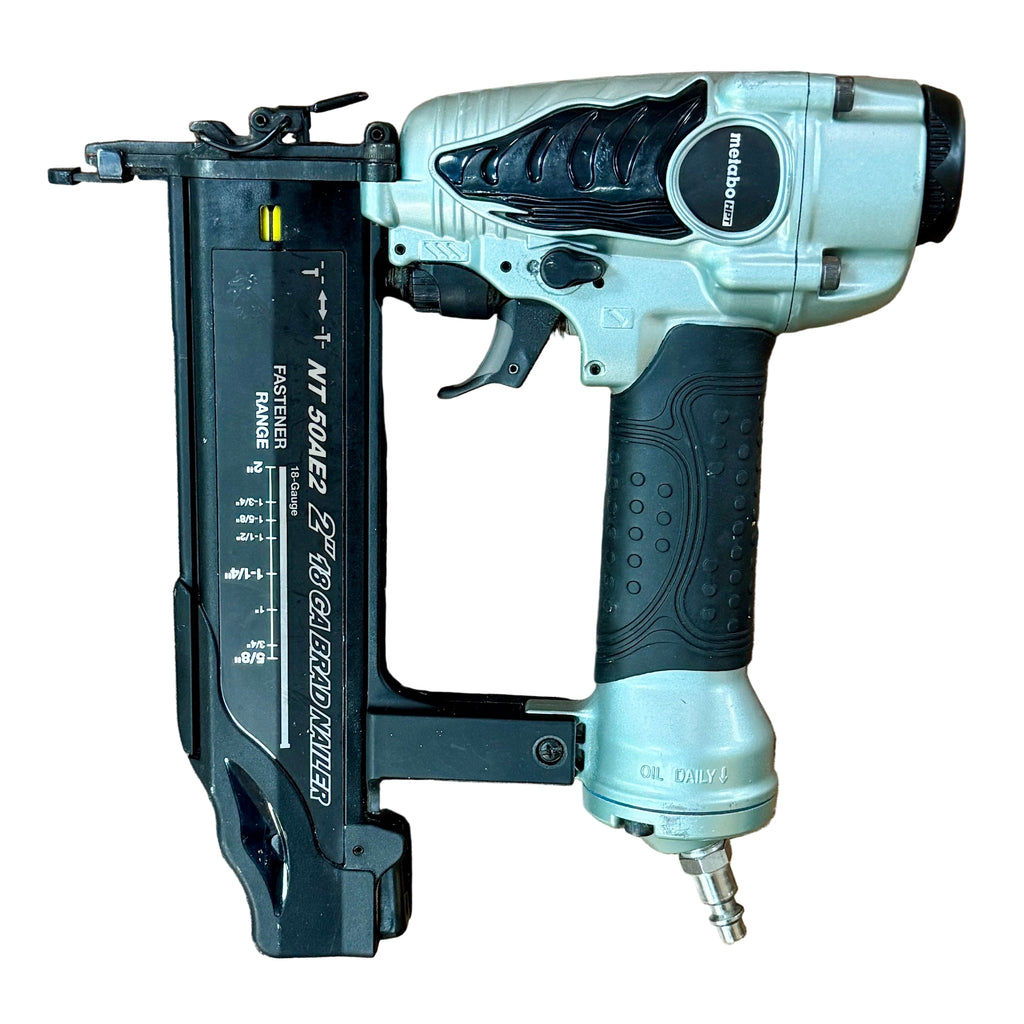 Metabo HPT 18-Gauge 2" Pneumatic Brad Nailer w/ Hard Case (NT50AE2S) Nail gun on a wooden surface