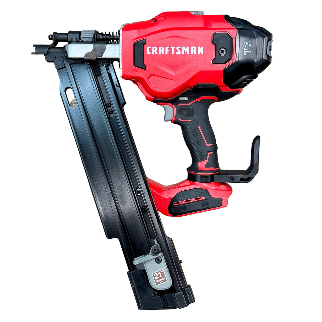 CRAFTSMAN V20 21-Degree 3-1/4" Brushless RP Cordless Framing Nailer w/ Battery & Charger (CMCN621PL) Craftsman nail gun and nail on a wooden floor