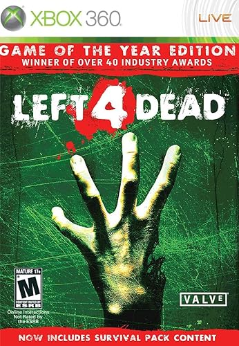 Game of the Year Edition cover of Left 4 Dead for Xbox 360 with a zombie hand and award text.