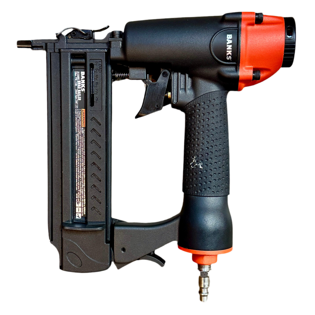 BANKS 18-Gauge 2" Pneumatic Brad Nailer w/ Hard Case (64140) Black and orange nail gun on a white background