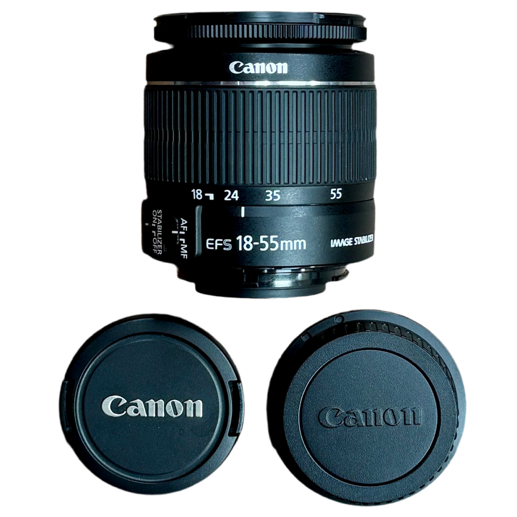 Canon EOS REBEL T3 12.2 MP CMOS Digital SLR Camera w/ Canon Zoom Lens EF-S 18-55mm f/3.5-5.6 IS II Lens & Case Canon camera lens with two lens caps on a white background