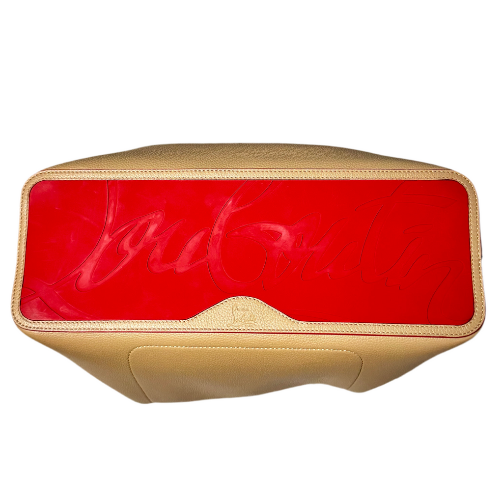 Christian Louboutin Cabarock Large Calfskin Leather Tote Bag - Fennec Car headrest cover with red interior and beige exterior on a white background