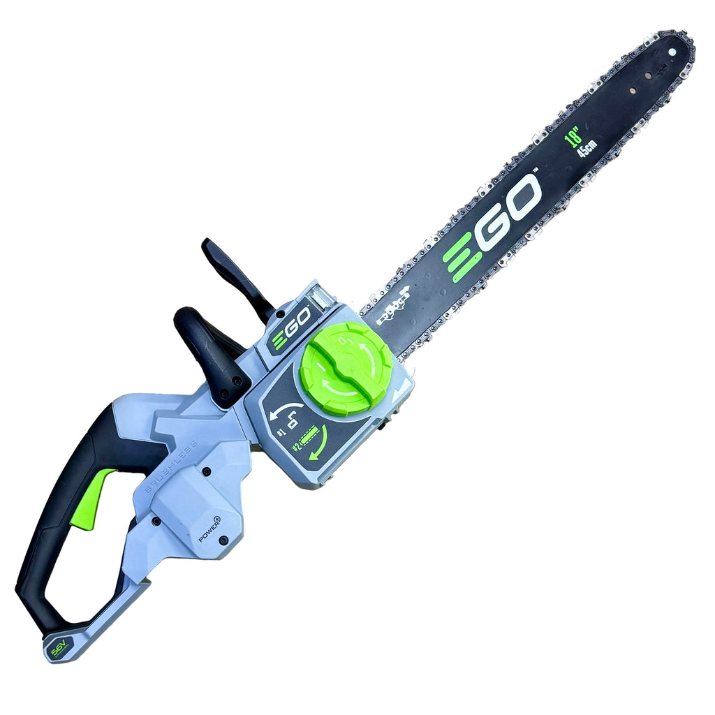EGO POWER+ 56V 18" Guide Bar Brushless Cordless Electric Chain Saw w/ Battery & Charger (CS1804) Ego chainsaw on a wooden floor