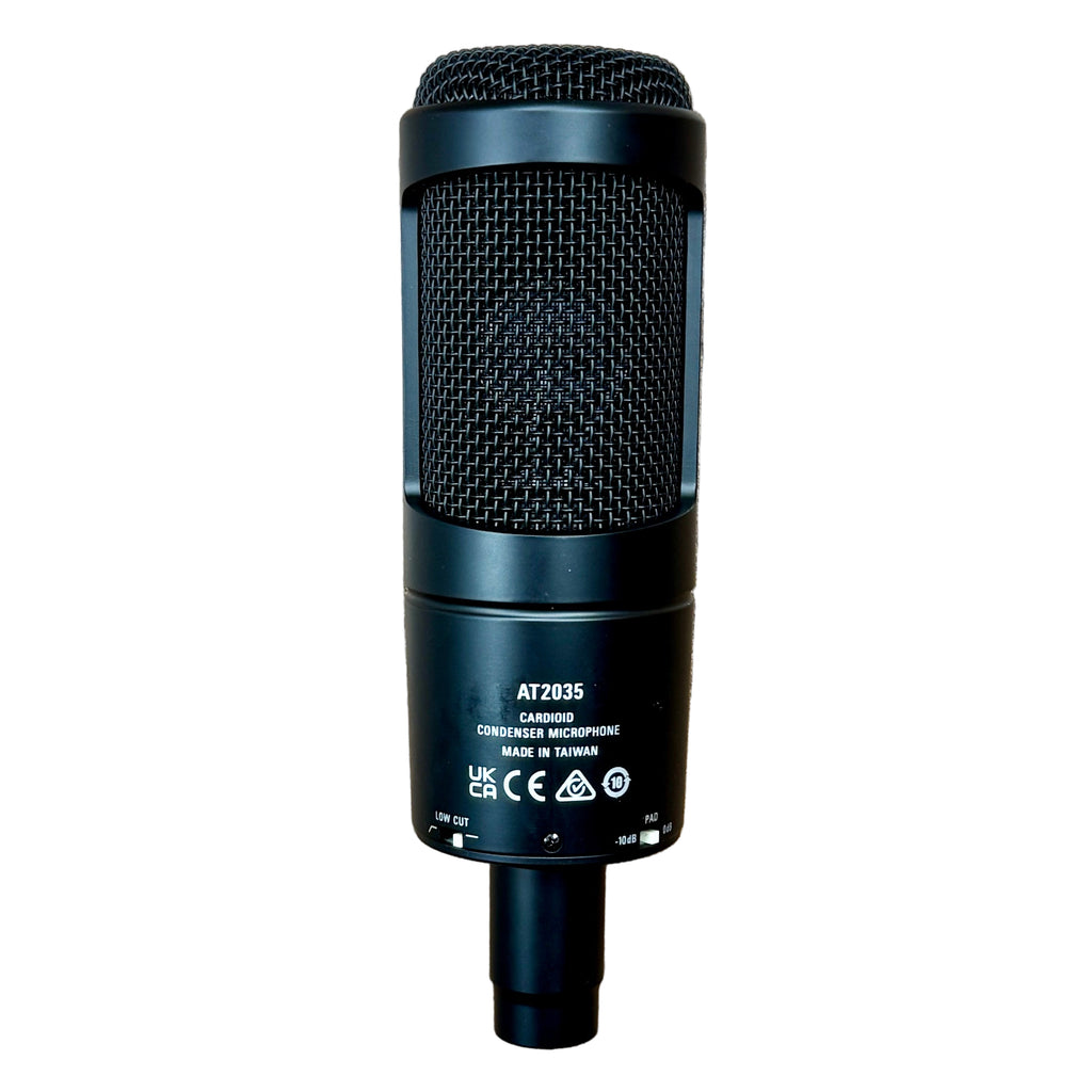 Audio-Technica AT2035 Large-Diaphragm Cardioid Condenser Microphone Black microphone with 'AT2035' branding on a white background