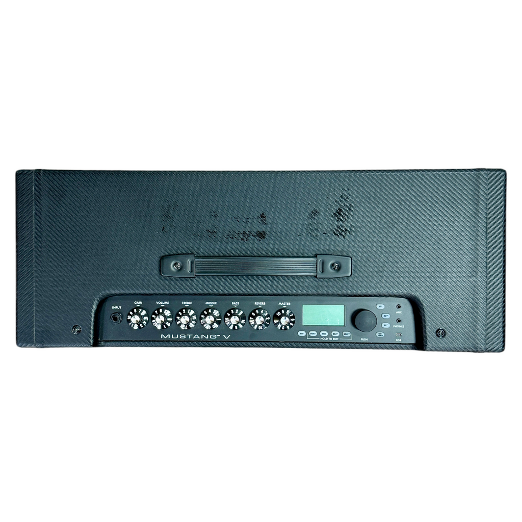 Fender MUSTANG V Guitar Amplifier Head w/ Fender MUSTANG MS4 Footswitch Car audio amplifier with control panel on a white background