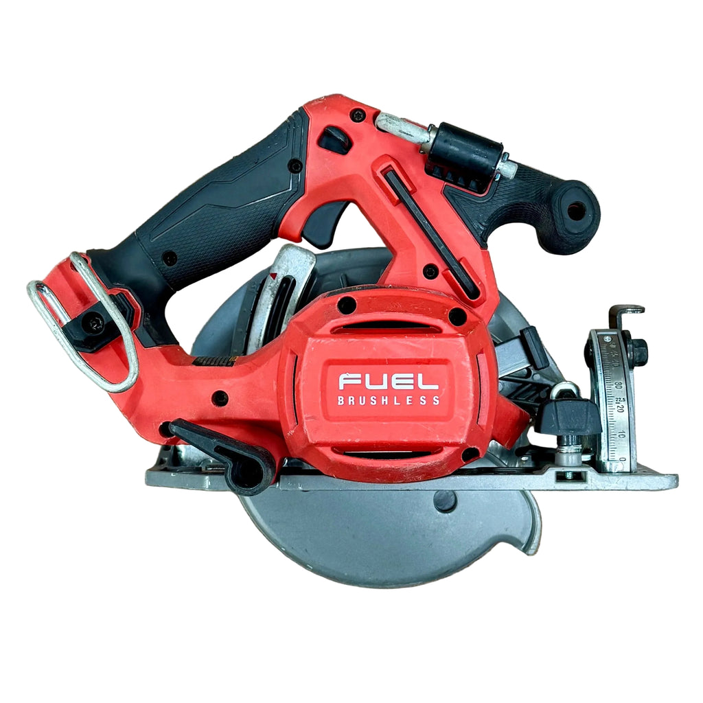Milwaukee M18 FUEL 18V 6-1/2" Brushless Cordless Circular Saw w/ 2 Batteries & Charger (2833-20) Red circular saw with 'Fuel Brushless' branding on a wooden surface