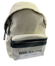 Beige backpack with 'Rive Gauche Saint Laurent' branding on a white background