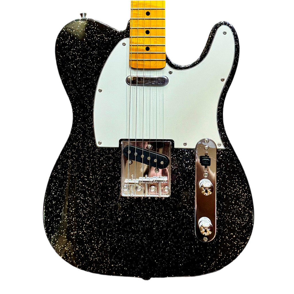 Glen Burton Silver Sparkle Telecaster Style Electric Guitar w/ Hard Case Black glitter electric guitar with a white pickguard on a white background