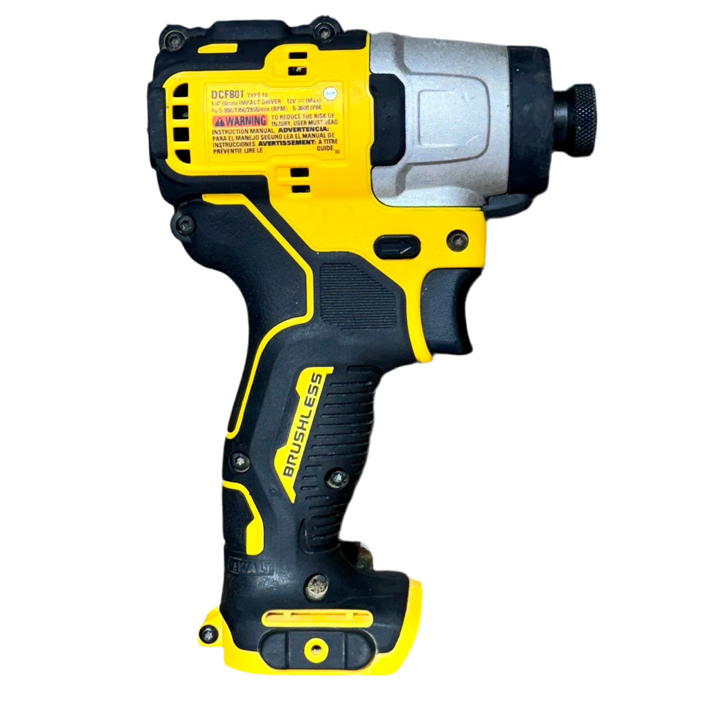 DeWalt XTREME 12V MAX 1/4" Brushless Cordless Impact Driver w/ Charger (DCF801) Yellow and black cordless drill on a white background
