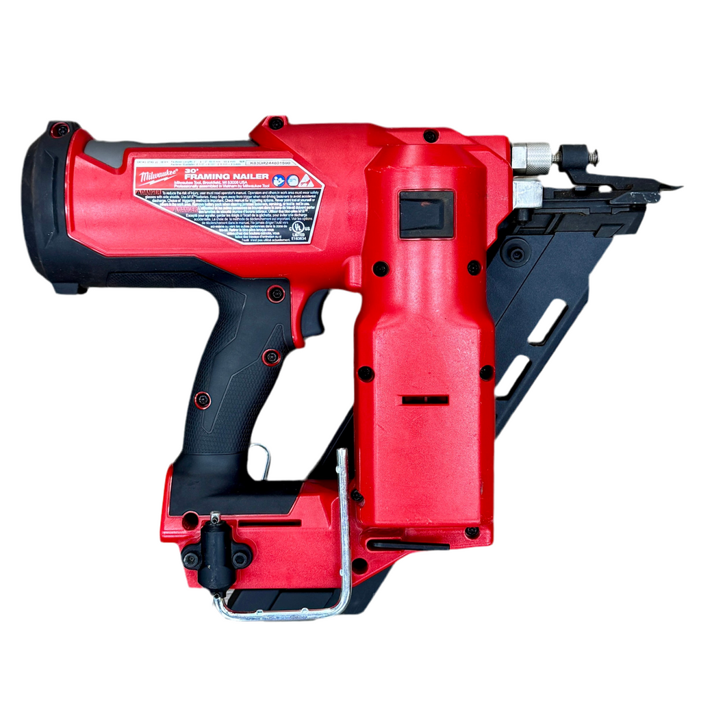 Milwaukee M18 FUEL 18V 3-1/2" 30-Degree Cordless Framing Nailer (2745-20) Red and black nail gun on a white background