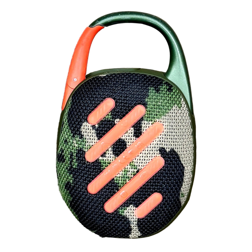 JBL CLIP 5 Ultra-Portable Waterproof Bluetooth Speaker - Squad Camouflage-patterned portable speaker with orange accents on a white background