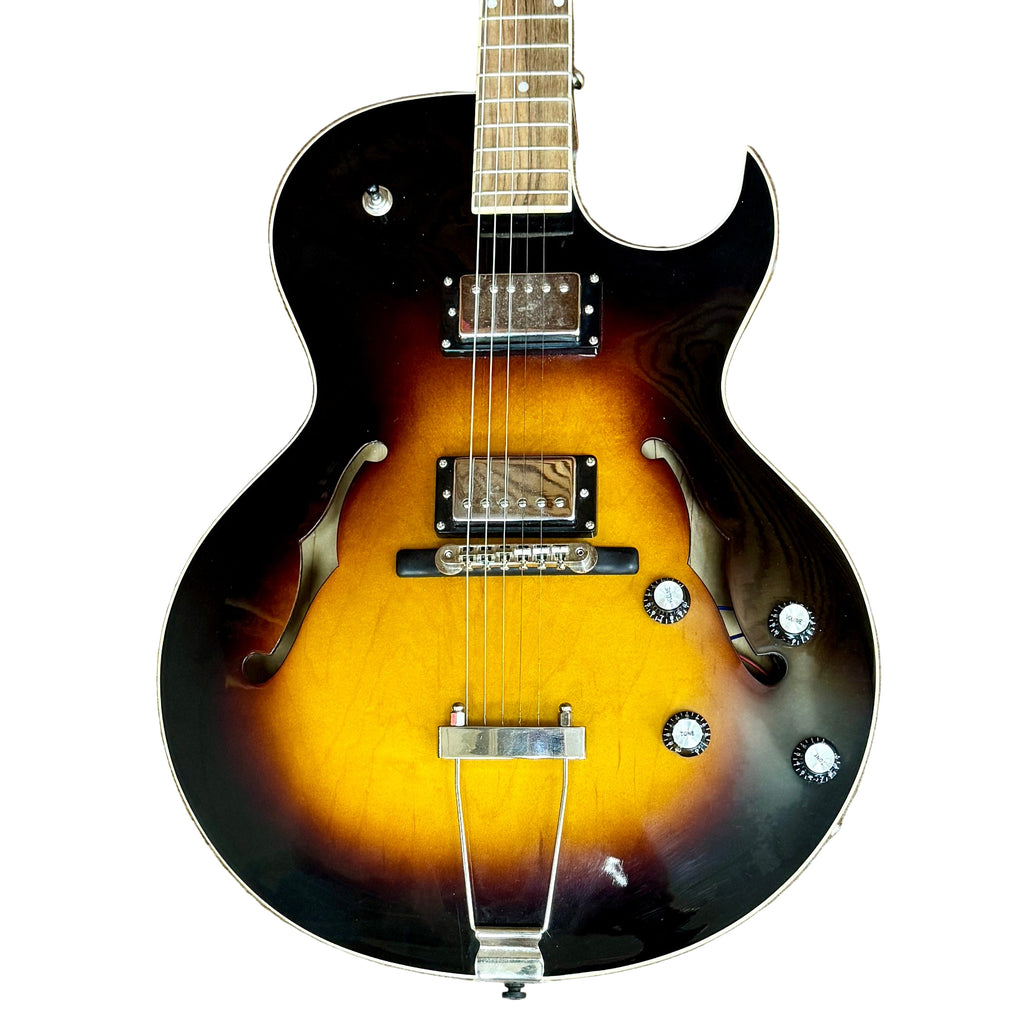 The Loar LH-280-CSN Hollow Body Electric Guitar Electric guitar with a sunburst finish on a white background