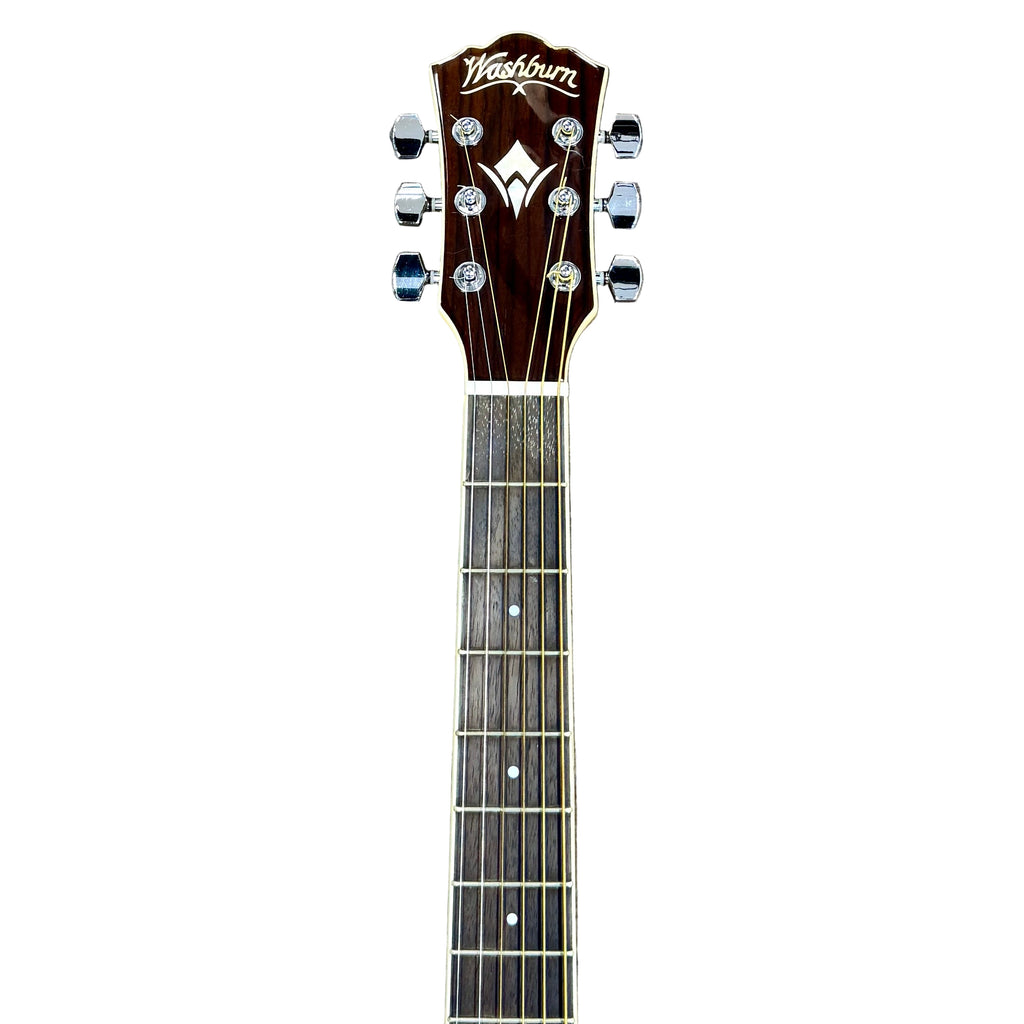 Washburn WD10SLH Left-Handed Acoustic Guitar w/ Hard Case Guitar headstock with Washburn logo on a wooden surface