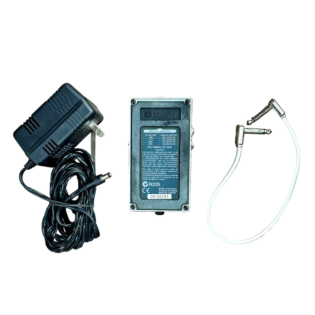 BOSS CH-1 SUPER Chorus Guitar Effects Pedal Boss power adapter, battery pack, and cable on a white background