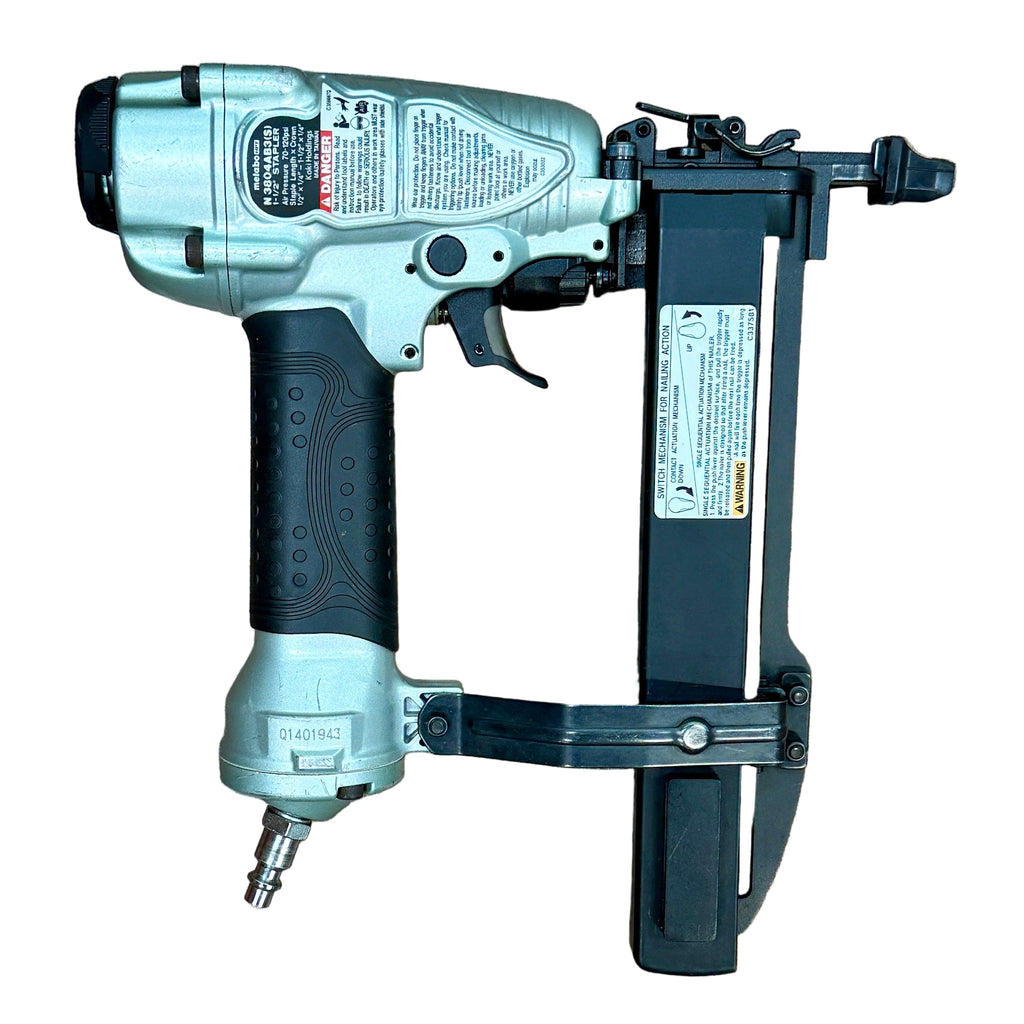 Metabo HPT 18-Gauge 1-1/2" Pneumatic Narrow Crown Stapler (N3804AB3S) Pneumatic nail gun on a wooden floor