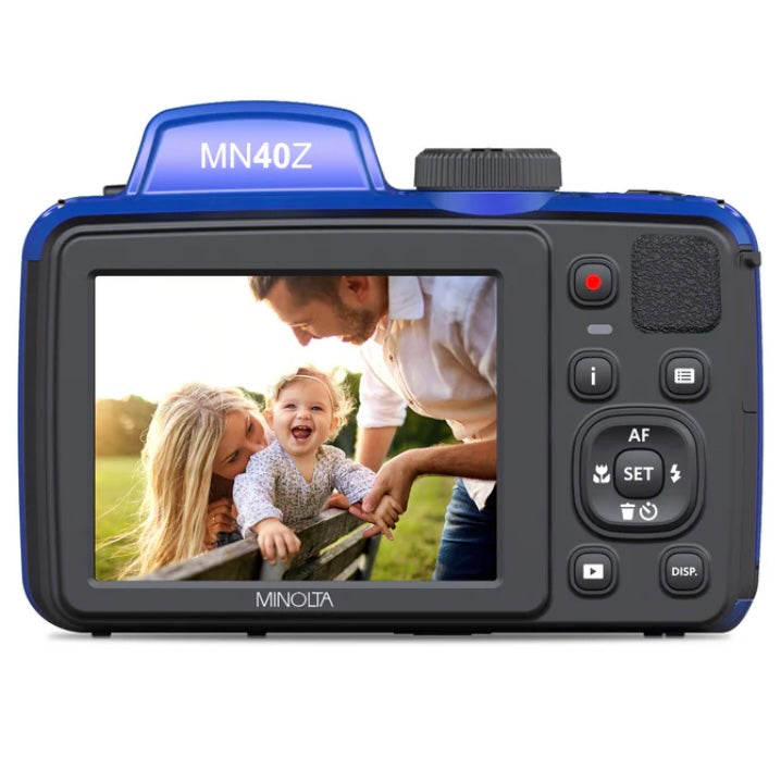 Minolta ProShot MN40Z 20.0 Megapixel Bridge Camera w/ 40x Optical Zoom Lens - Blue Minolta camera with a screen displaying a family photo on a white background