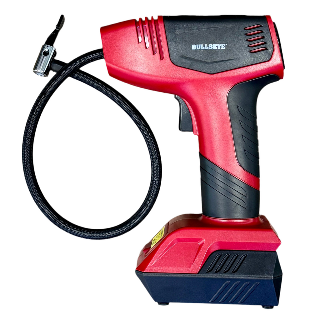 BULLSEYE PRO Digital Tire Inflator w/ Pressure Gauge w/ Travel Bag & Accessories (9475B-BAT) Red and black cordless drill with a coiled cable on a white background