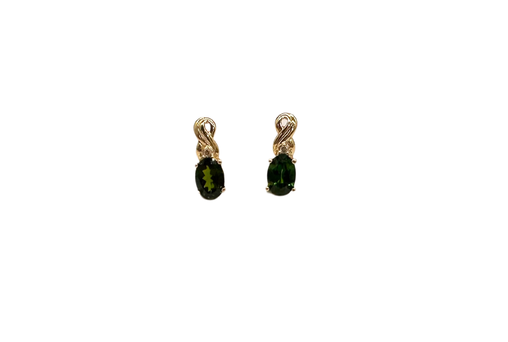 Pair of green gemstone earrings on a white background