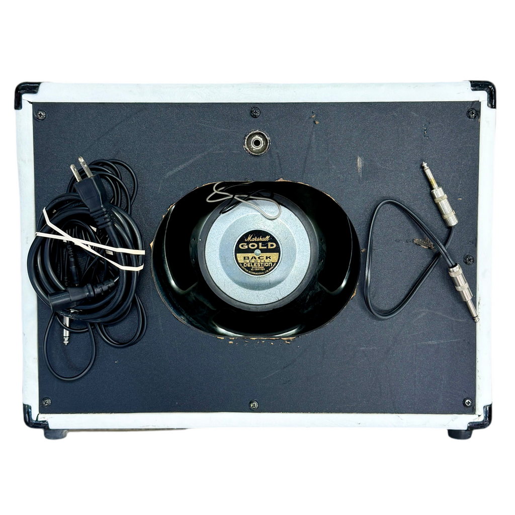 Peavey 112-C Guitar Amplifier Speaker Cabinet Back view of a guitar amplifier with speaker and cables on a white background