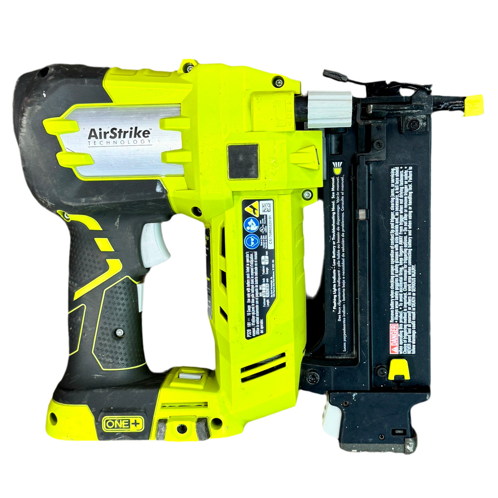 RYOBI ONE+ AirStrike 18V 18-Gauge Cordless Brad Nailer w/ Battery & Charger (P320) Yellow and black nail gun with 'AirStrike' technology on a white background
