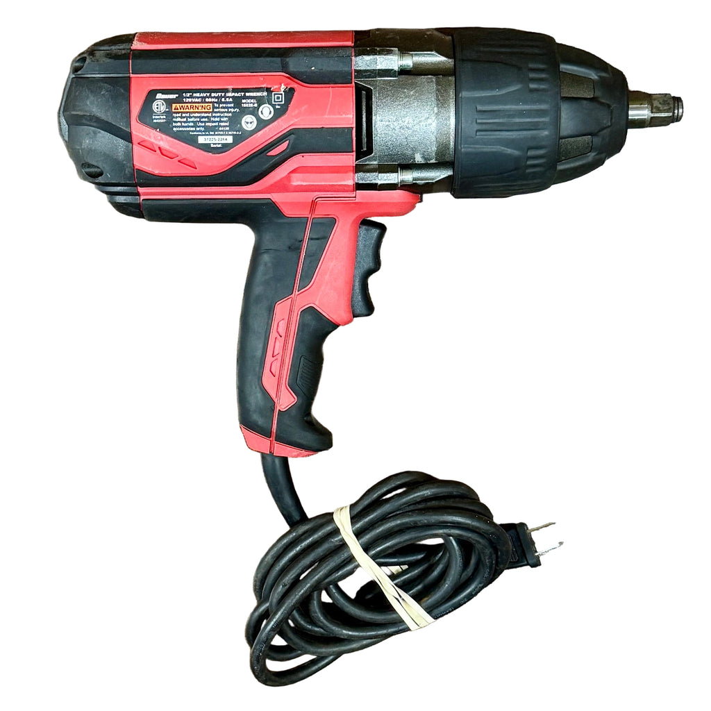 BAUER 8.5-Amp 1/2" Corded Heavy Duty Impact Wrench (1882E-B) Red and black corded drill on a wooden floor