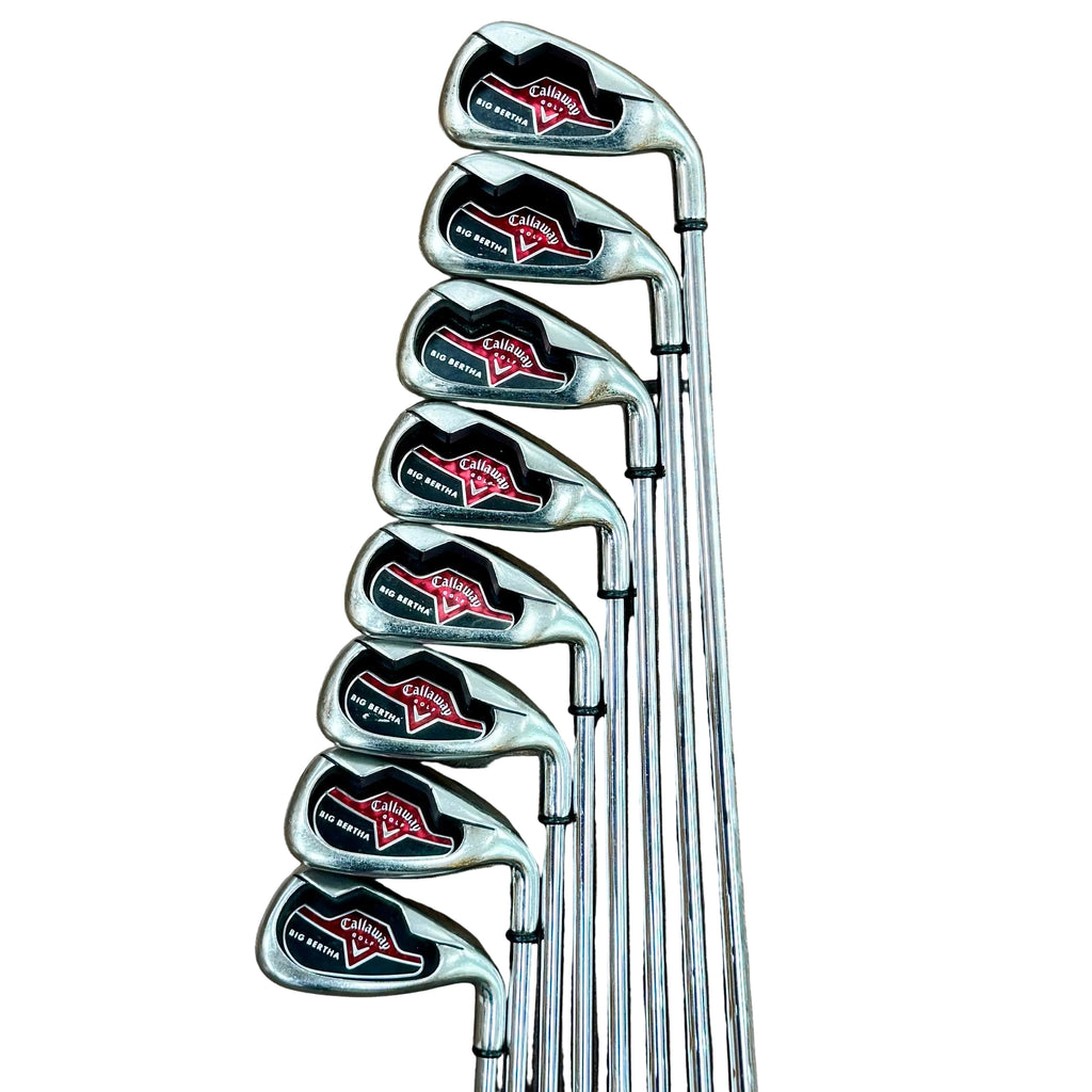 Callaway BIG BERTHA 8-Piece Iron Set RH Golf Clubs (3-9, P) Set of Callaway golf clubs on a wooden surface
