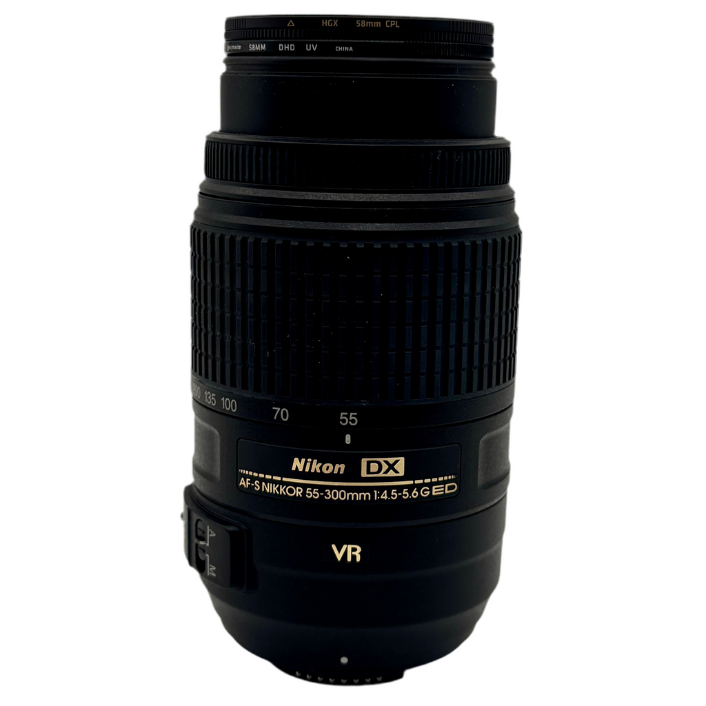 Nikon DX AF-S NIKKOR 55-300mm f/4.5-5.6G ED Camera Lens Nikon camera lens on a white background