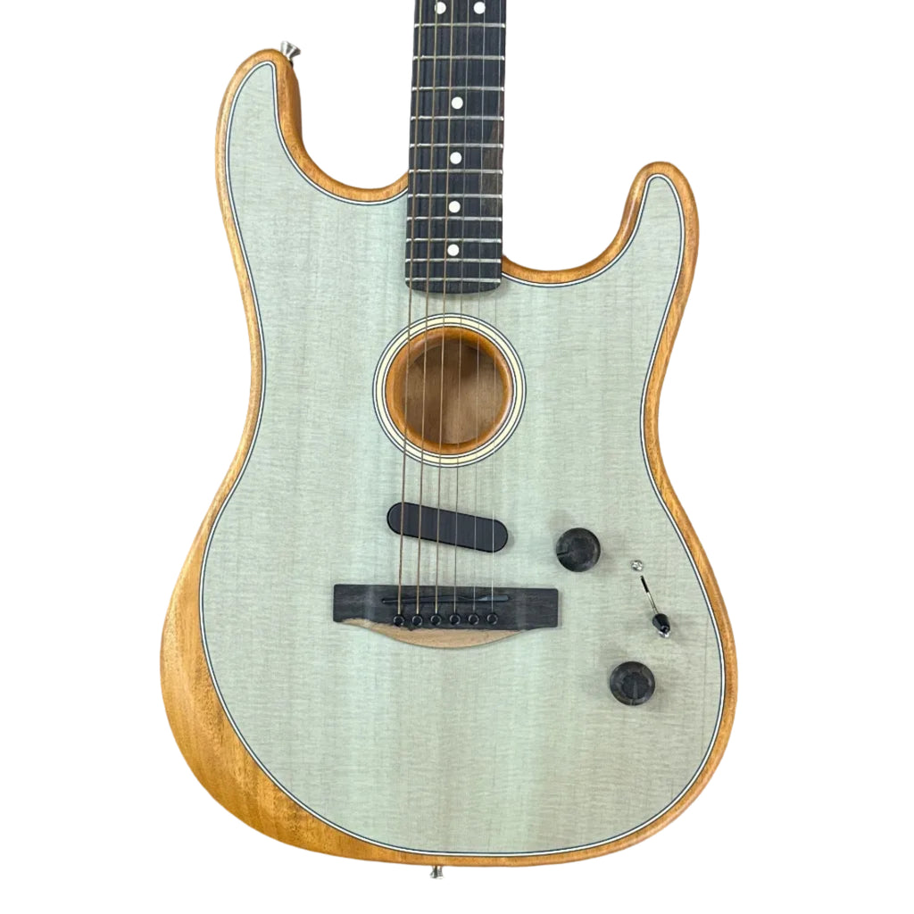 Fender American Acoustasonic Stratocaster 494-000-718 Acoustic-Electric Guitar w/ Soft Case Acoustic guitar with a light wood finish on a white background