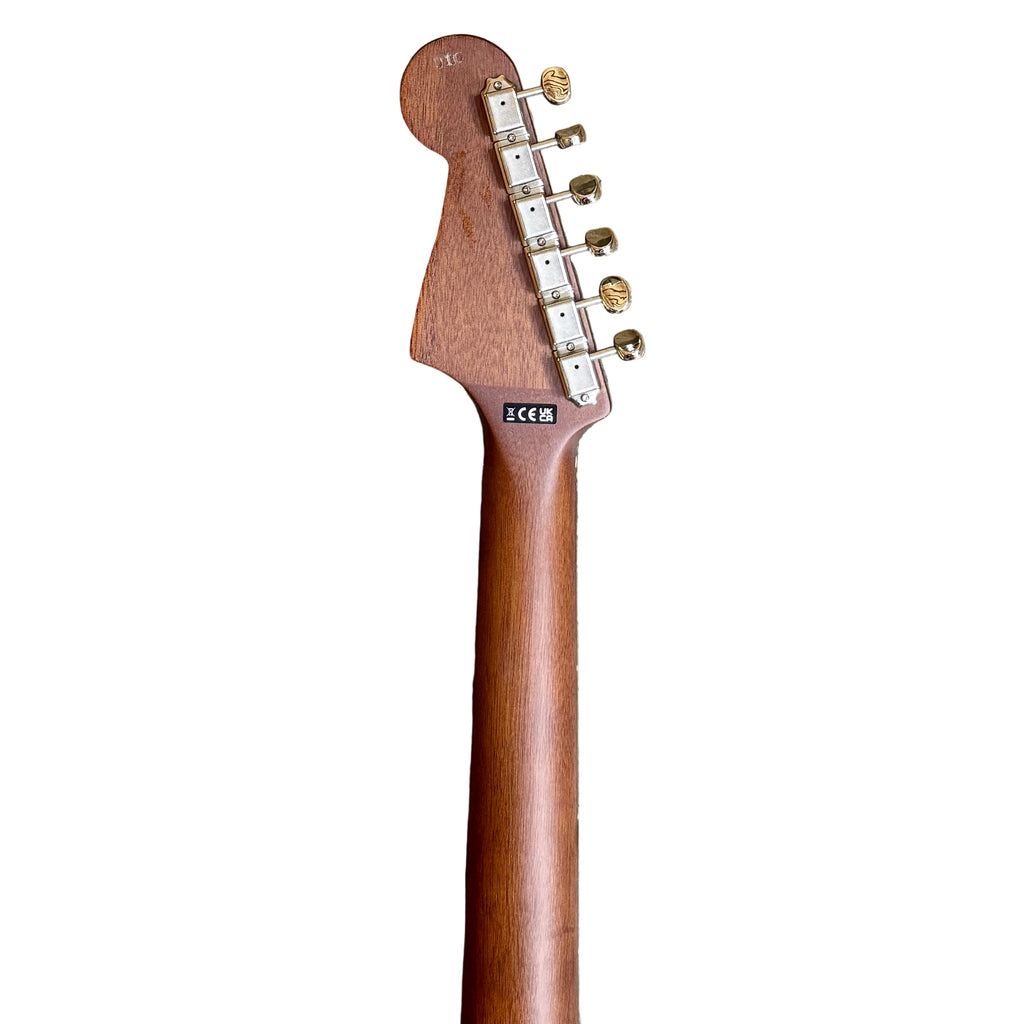 Fender California Series Newport Player Acoustic-Electric Guitar Close-up of a guitar neck with headstock on a white background