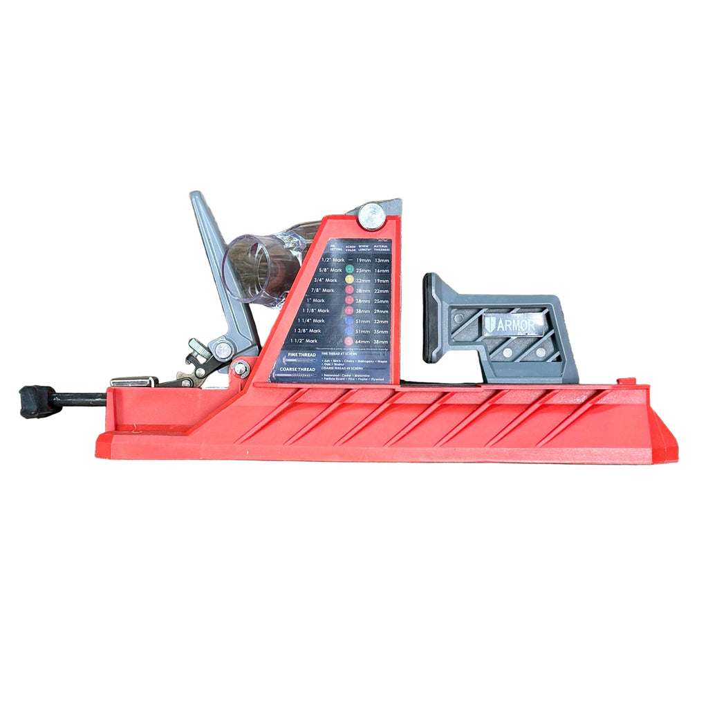 ARMOR TOOL Auto-Jig Auto-Adjust Pocket Hole Jig System (APJ1400) Tile cutting machine on a wooden floor