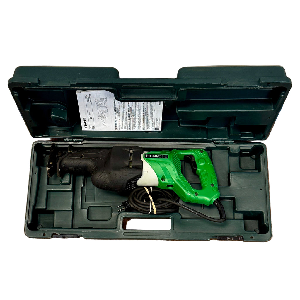 Hitachi 10-Amp 1-1/8" Stroke Corded Variable Speed Reciprocating Saw w/ Hard Case (CR13V2) Green power saw in a black carrying case on a white background