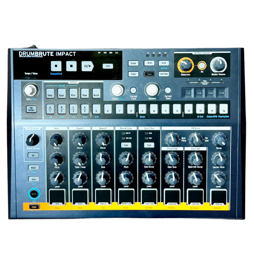 Arturia DrumBrute Impact Drum machine interface with various knobs and buttons on a white background