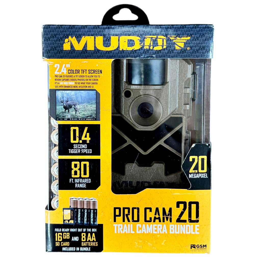Muddy Outdoors PRO CAM 20 Trail Camera Bundle (MTC20VK) Muddy Pro Cam 20 trail camera bundle packaging on a white background
