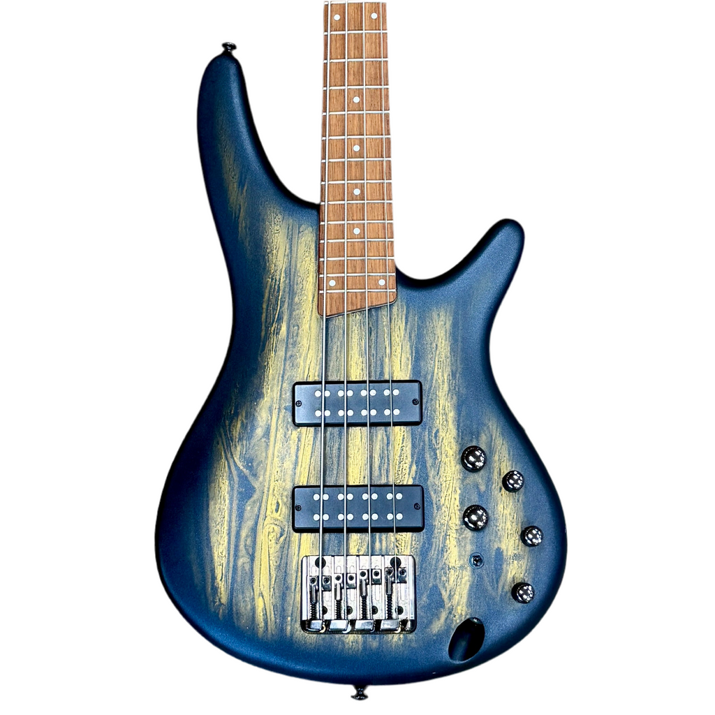 Ibanez SoundGear SR300E Electric Bass Guitar Blue electric guitar with a wooden neck on a white background