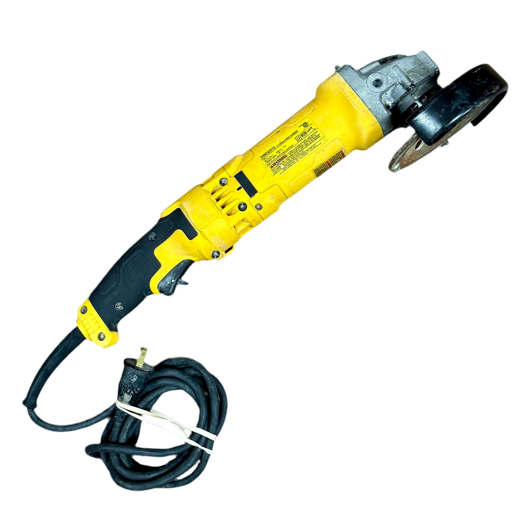 DeWalt 13-Amp 4-1/2" - 5" Corded Trigger Grip Grinder (DWE43113) Yellow and black angle grinder on a white background