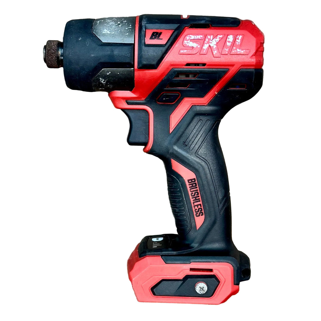 SKIL PWR CORE 12 12V 1/4" Brushless Cordless Hex Impact Driver w/ Battery & Charger (ID574401) Red and black power drill on a wooden surface