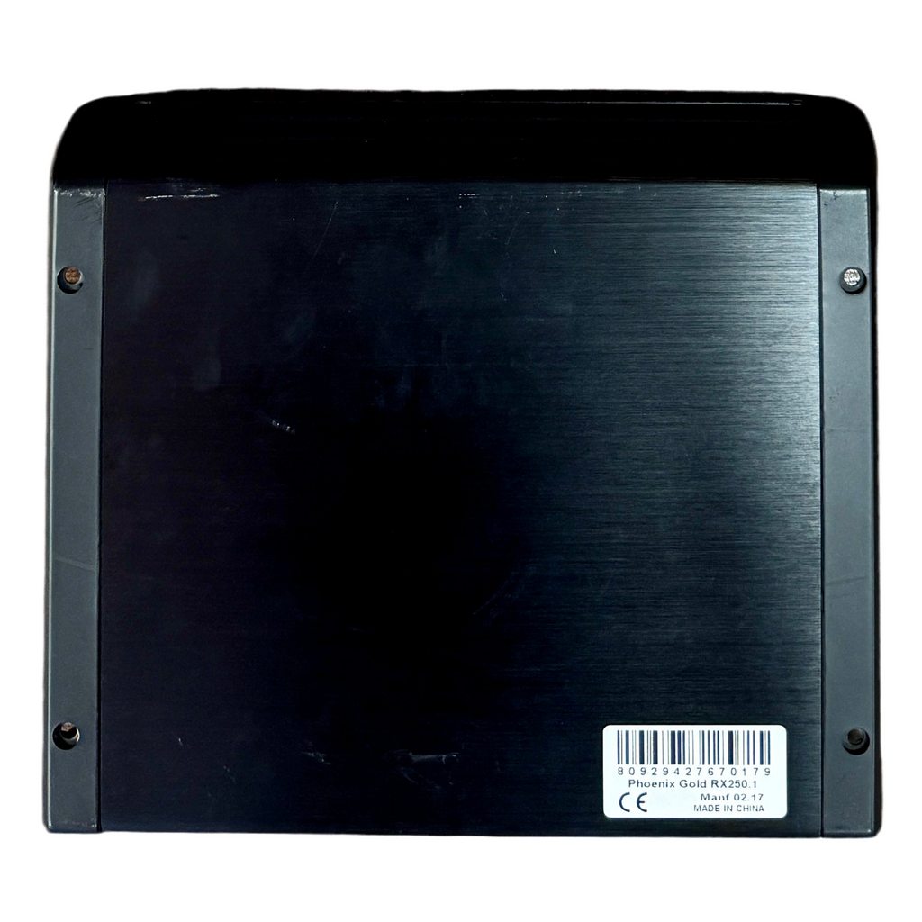 Phoenix Gold RX250.1 250 Watt Monoblock Class A/B Car Audio Amplifier Black electronic device with a barcode label on a white background