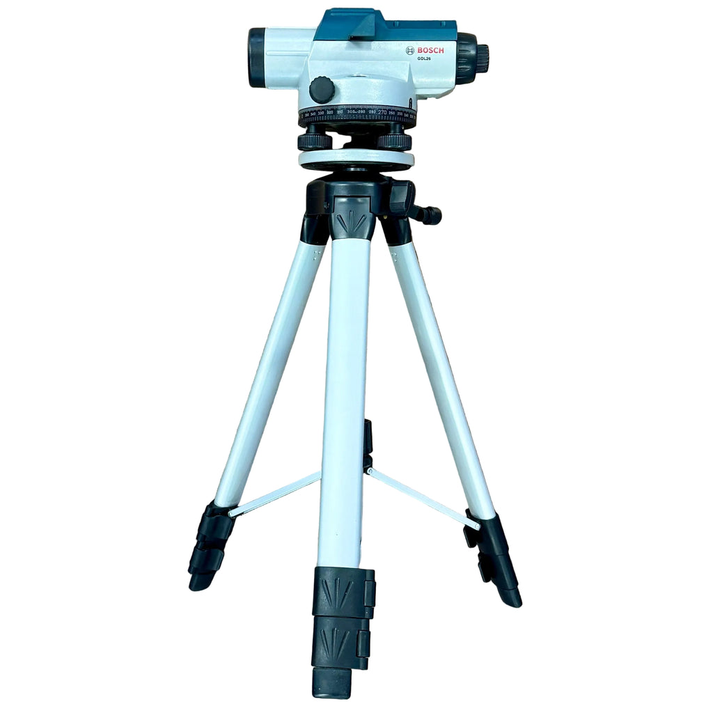 BOSCH 26x Magnification Power Lens Professional Automatic Optical Level w/ Tripod Stand (GOL26) Bosch surveying instrument with tripod on a white background